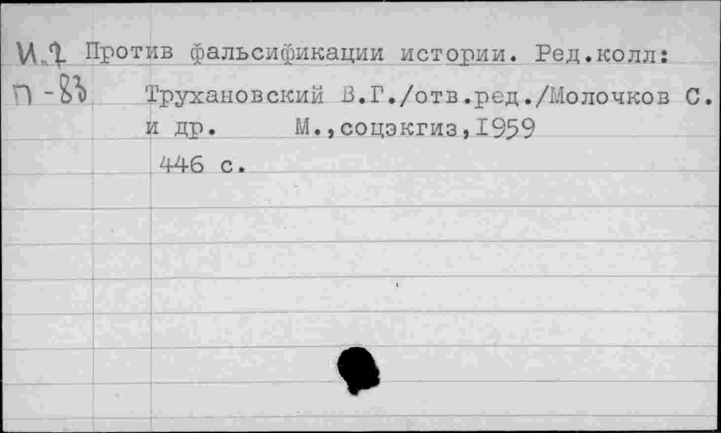 ﻿\ЛД Против фальсификации истории. Ред.колл:
п -Й Трухановский В.Г./отв.ред./Молочков С.
и др. М.,соцэкгиз,1959 446 с.